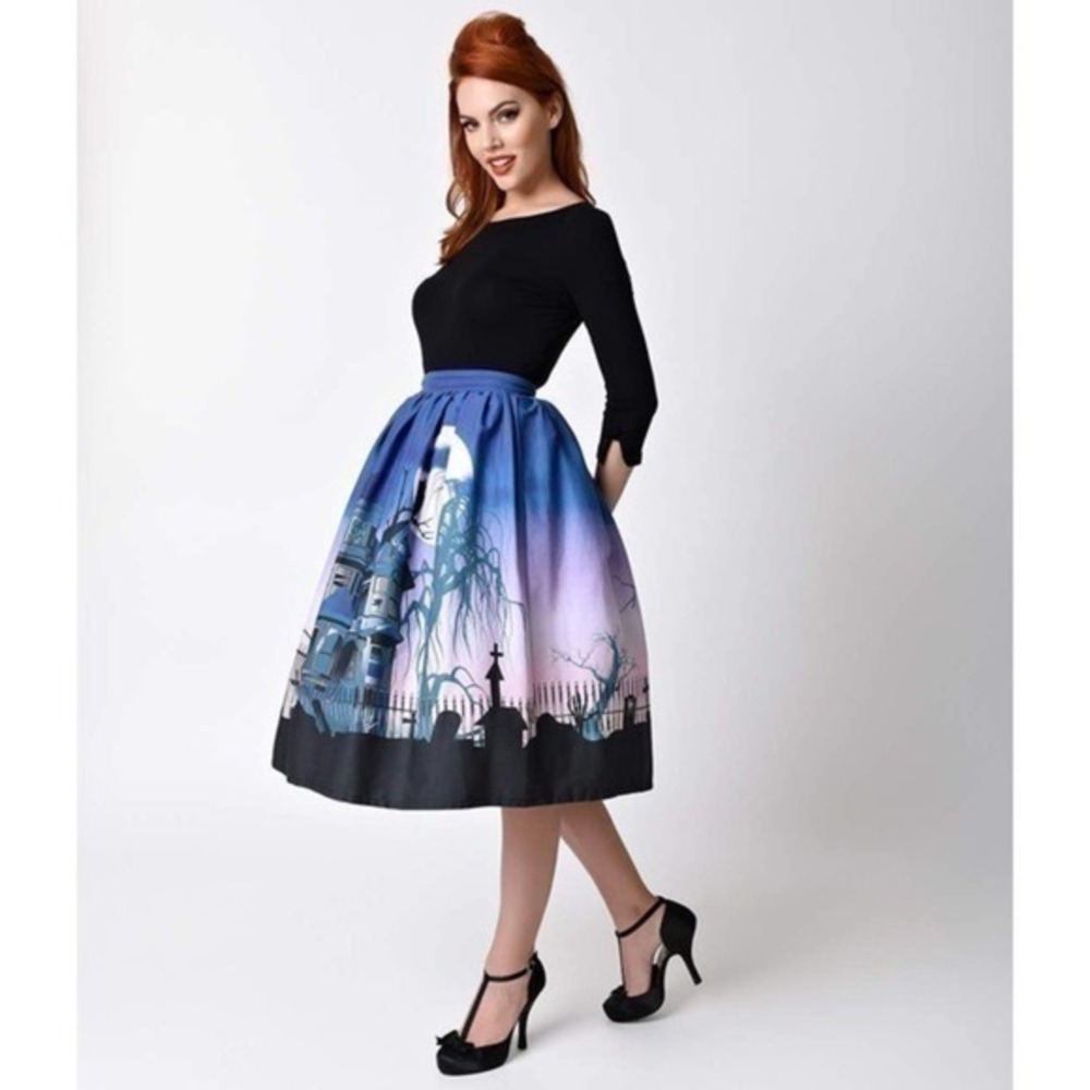 Halloween Unique Vintage 1950s Haunted Mansion High Waist Circle Swing Skirt